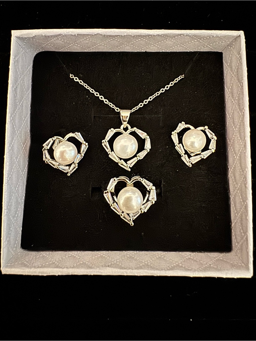 Silver Heart Pearl Pendant, Earring Set and adjustable ring - Silver